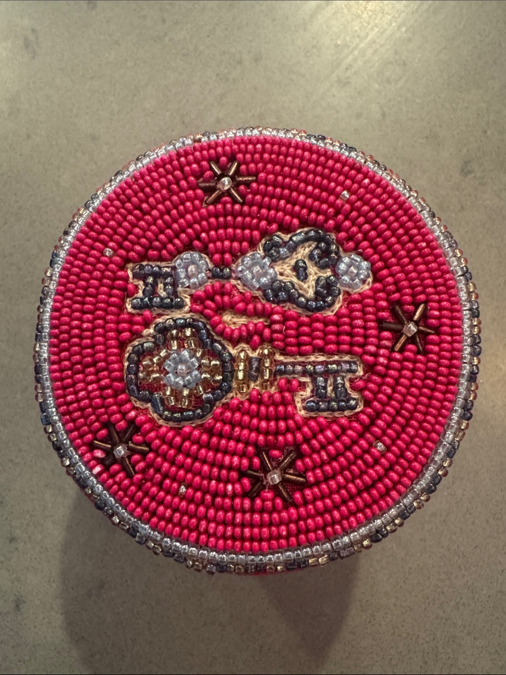 Anthropologie Beaded Round Trinket Box in Hot Pink with Gold and Silver Accents